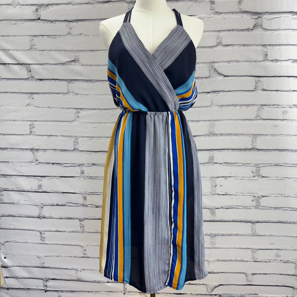 Monteau Los Angeles Womens Striped Surplice Halter Midi Dress Navy Yellow Large
